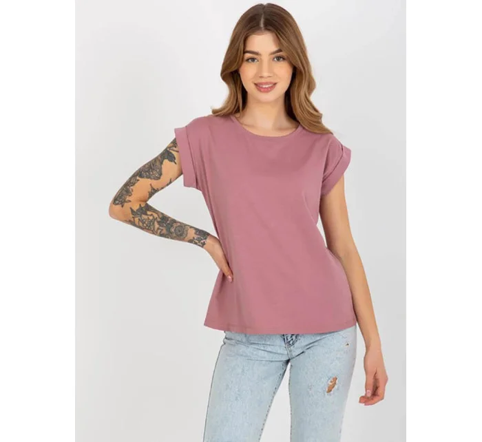 Bavlnené dámske tričko v špinavej ružovej farbe s vyhrnutými rukávmi Feel Good (4833-35)