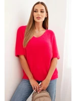 Dámsky sveter z mäkkého kožušinového materiálu s krátkymi rukávmi do V ružovej farby