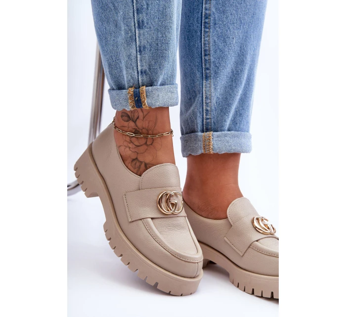 Damskie Półbuty Skórzane Z Ozdobą Beżowe Rosefalls