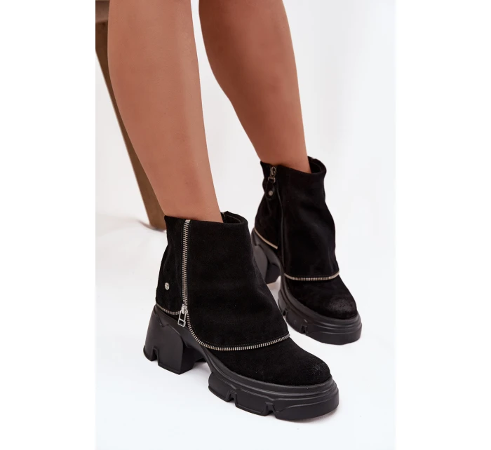Skórzane Botki Damskie Z Wywiniętą Cholewką Maciejka 07145-01 Czarne