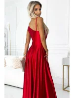 524-1 Dlhé elegantné saténové šaty na jedno rameno - ČERVENÉ