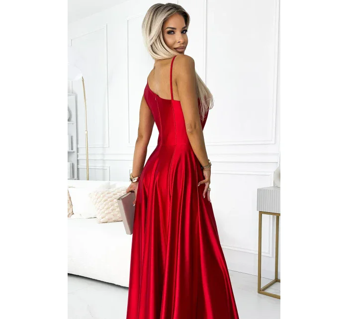 524-1 Dlhé elegantné saténové šaty na jedno rameno - ČERVENÉ