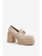 Zazoo 20170 Półbuty Skórzane Damskie Na Słupku Jasnobeżowe