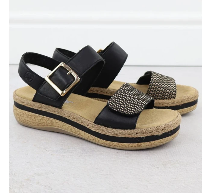 Dámské kožené sandály na podpatku se suchým zipem černé model 21904999 - Rieker