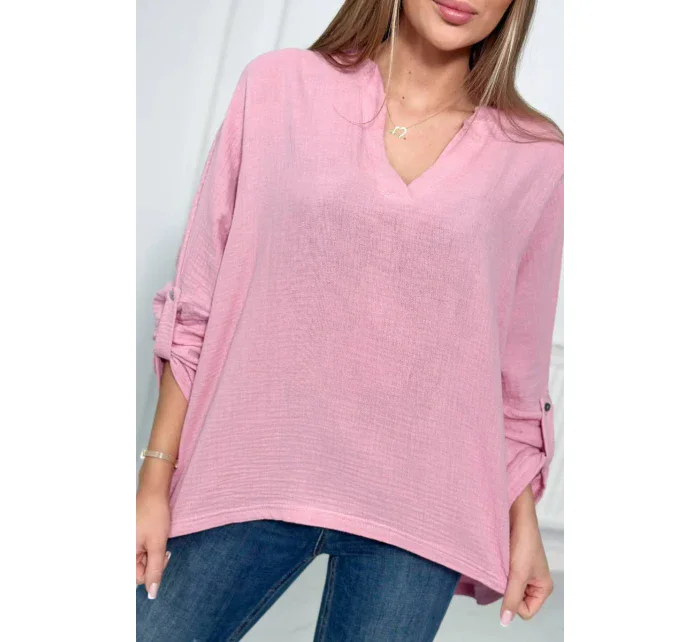 Mušelínová blúzka s vyhrnutými rukávmi svetlo ružová