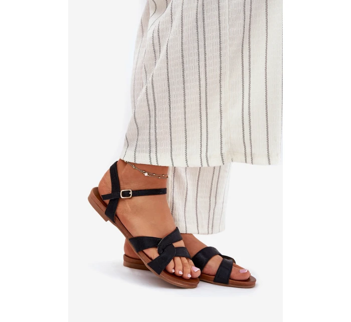 Płaskie Połyskujące Sandały Damskie S.Barski KV51-022 Czarne