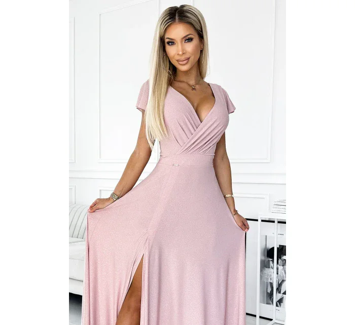 411-6 CRYSTAL trblietavé dlhé šaty s výstrihom - BRUCE PINK 411-6 CRYSTAL trblietavé dlhé šaty s výstrihom - BRUCE PINK
