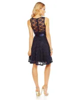 Dámske krajkové šaty na ramienka s opaskom stredne dlhé tmavo modré - Tmavo modrá - MAYAADI Dámske krajkové šaty na ramienka s opaskom stredne dlhé tmavo modré - Tmavo modrá - MAYAADI