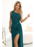 třpytivé dlouhé šaty na jedno rameno s rozparkem zelené s třpytkami model 21489880 - numoco