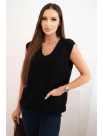 Dámský viskózový svetr bez rukávů s kapsami a výstřihem do V černý