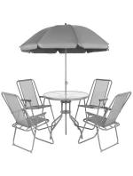 SADA ZÁHRADNÉHO NÁBYTKU OKRÚHLY STÔL 4 STOLIČKY A SLNEČNÍK TMAVOSIVÁ
