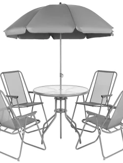 SADA ZÁHRADNÉHO NÁBYTKU OKRÚHLY STÔL 4 STOLIČKY A SLNEČNÍK TMAVOSIVÁ