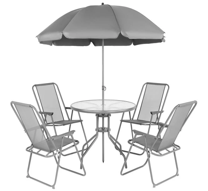 SADA ZÁHRADNÉHO NÁBYTKU OKRÚHLY STÔL 4 STOLIČKY A SLNEČNÍK TMAVOSIVÁ