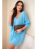 Dámske plus size pletené šaty s výstrihom do V modré