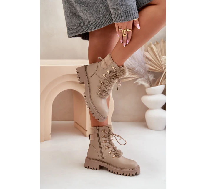 Ocieplane Botki Trapery Na Zamek Z Eko Skóry Beżowe Willatta