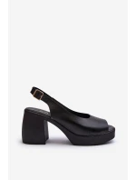 Zazoo 40376 Skórzane Sandały Na Masywnym Obcasie Czarne