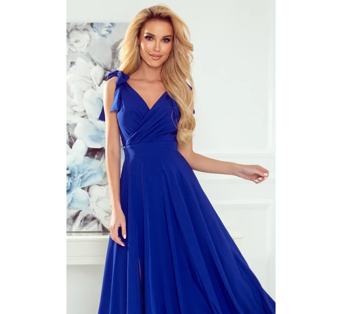 ELENA - Dlhé dámske šaty v nevädzovej farbe s výstrihom a zaväzovaním na ramenách 405-2 ELENA - Dlhé dámske šaty v nevädzovej farbe s výstrihom a zaväzovaním na ramenách 405-2