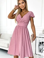 425-2 MATILDE Šaty s hlbokým výstrihom a krátkymi rukávmi - púdrovo ružové s brokátom