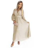 KLARA - Béžové dámske plisované šaty s opaskom a výstrihom 414-8