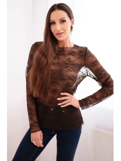 Dámská krajková blůza s dlouhým rukávem hnědá