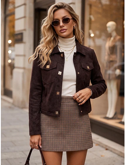 Dámska semišová bunda s patentkami, vínová, FashionStreet TY5878 Dámska semišová bunda s patentkami, vínová, FashionStreet TY5878
