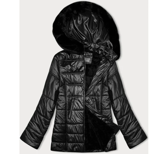 Černá prošívaná dámská bunda s kapucí model 21246815 - S'WEST Černá prošívaná dámská bunda s kapucí model 21246815 - S'WEST