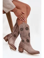 Zamszowe Skórzane Kozaki Damskie Z Ażurowym Wzorem Zazoo 3852 Cappuccino