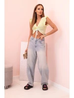 Dámská pruhovaná blůza s nařasením a volánkem zelená