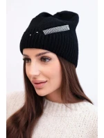 Dámska zimná vlnená čiapka s ozdobným zirkónovým pásom K402 čierna