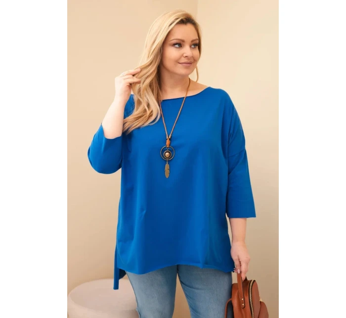 Dámská bavlněná blůza Plus Size asymetrická s náhrdelníkem chabrová