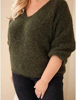 Dámský svetr Plus Size s výstřihem do V a širokým rukávem khaki