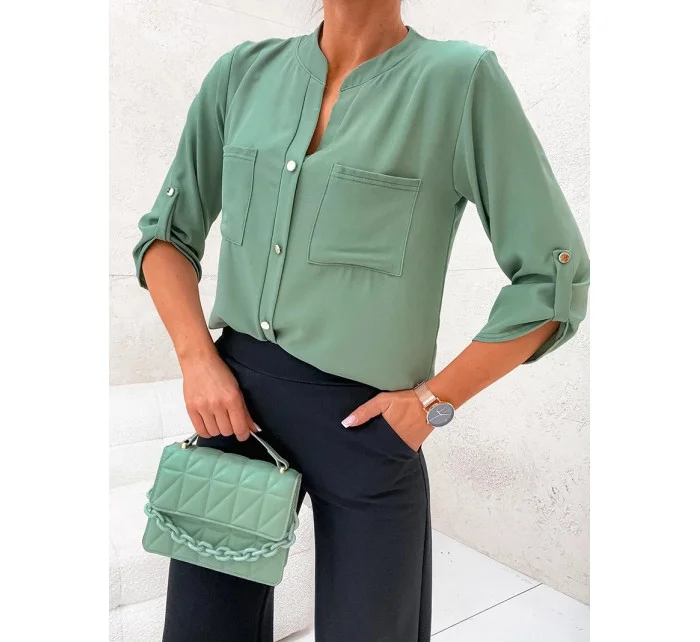 Košilová halenka v khaki barvě se stojáčkem model 19764080 - Moon