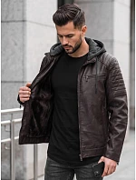 Pánska kožená zateplená bunda s kapucňou, hnedá, FashionStreet TX5142 Pánska kožená zateplená bunda s kapucňou, hnedá, FashionStreet TX5142