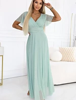 635-8 MELANIA Dlhé trblietavé šaty s výstrihom a krátkymi rukávmi - pistáciová