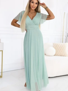 635-8 MELANIA Dlhé trblietavé šaty s výstrihom a krátkymi rukávmi - pistáciová