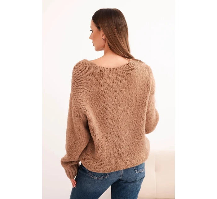 Dámský svetr s příměsí vlny s výstřihem do V camelový