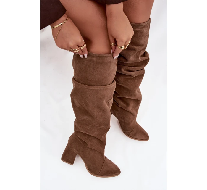 Marszczone Kozaki Z Naturalnego Zamszu Na Słupku Ocieplane Zazoo 4228 Jasnobrązowe