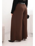 Dámské kalhoty Plus Size s širokou nohavicí a páskem hnědé