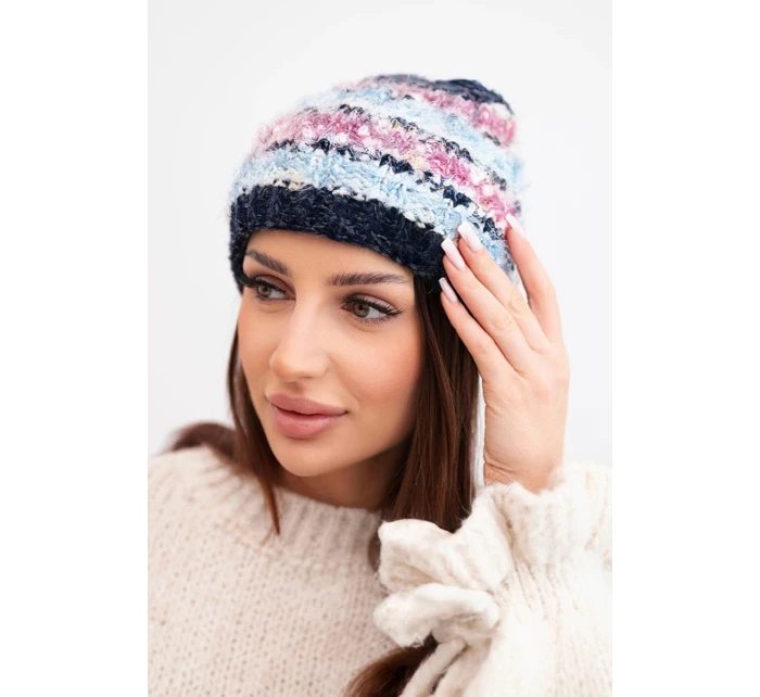 Dámska zimná čiapka s farebným vláknom a elastickou šnúrkou K352 modrá+tmavo ružová