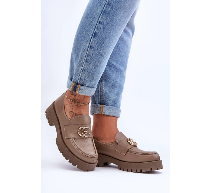 Damskie Półbuty Skórzane Z Ozdobą Ciemnobeżowe Rosefalls