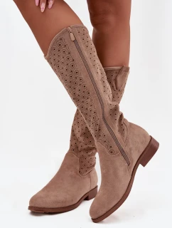 Kozaki Damskie Na Płaskim Obcasie Z Ażurowym Wzorem S.Barski HY52-531 Beżowe