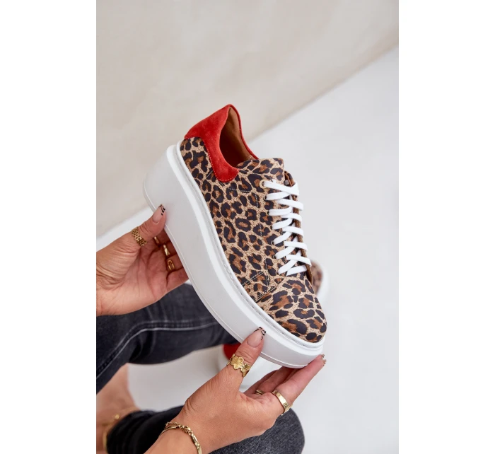 Skórzane Sneakersy Na Platformie W Panterkę Zazoo 3346 Brązowo-Czerwone