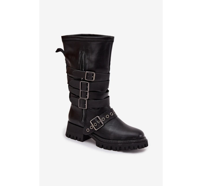 Ocieplane Kozaki Damskie Z Paskami I Klamrami Czarne Ivaline