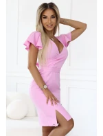 model 21143321 NINA elegantní šaty s obálkovým výstřihem, rukávy a páskem Candy Pink - numoco