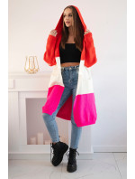 Pruhovaný sveter s kapucňou červený+ružový+ružový neón