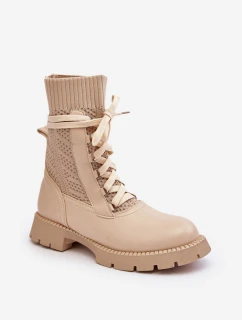Dámské kozačky se šněrováním a světle béžové model 21642187 - Boto