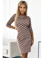 Béžové dámské šaty s černým vzorem a se zlatými zipy model 18910592 - numoco