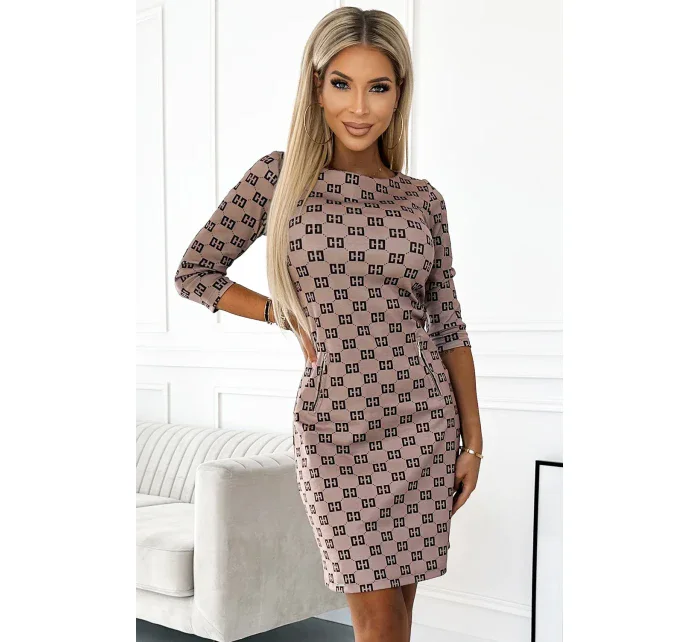 Béžové dámské šaty s černým vzorem a se zlatými zipy model 18910592 - numoco