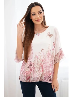 Dámska blúzka s plisovanými rukávmi a ružovou potlačou