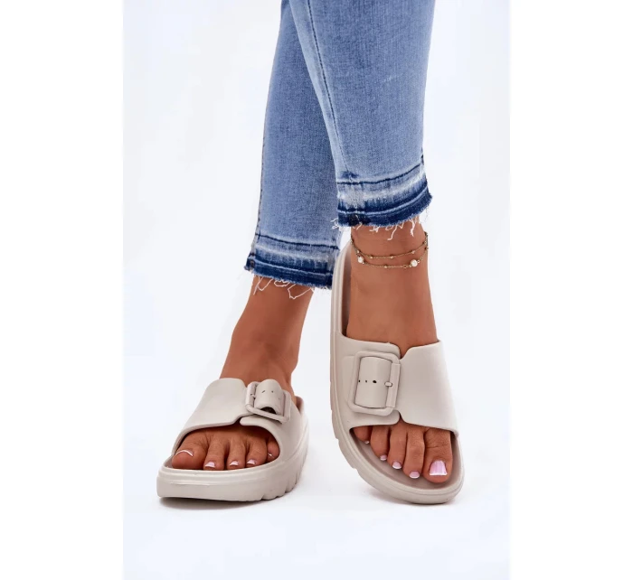 Dámske penové papuče s platformou a prackou - béžové